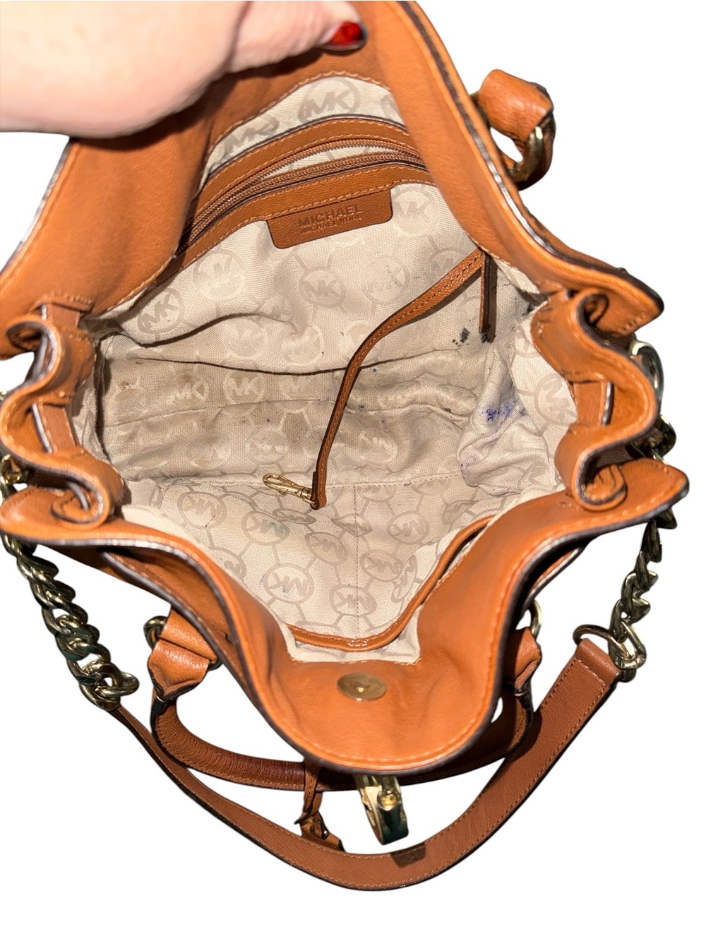 Michael Kors Cognac Leather Satchel with Gold-Tone Lock - Good condition. - Picture 8 of 10